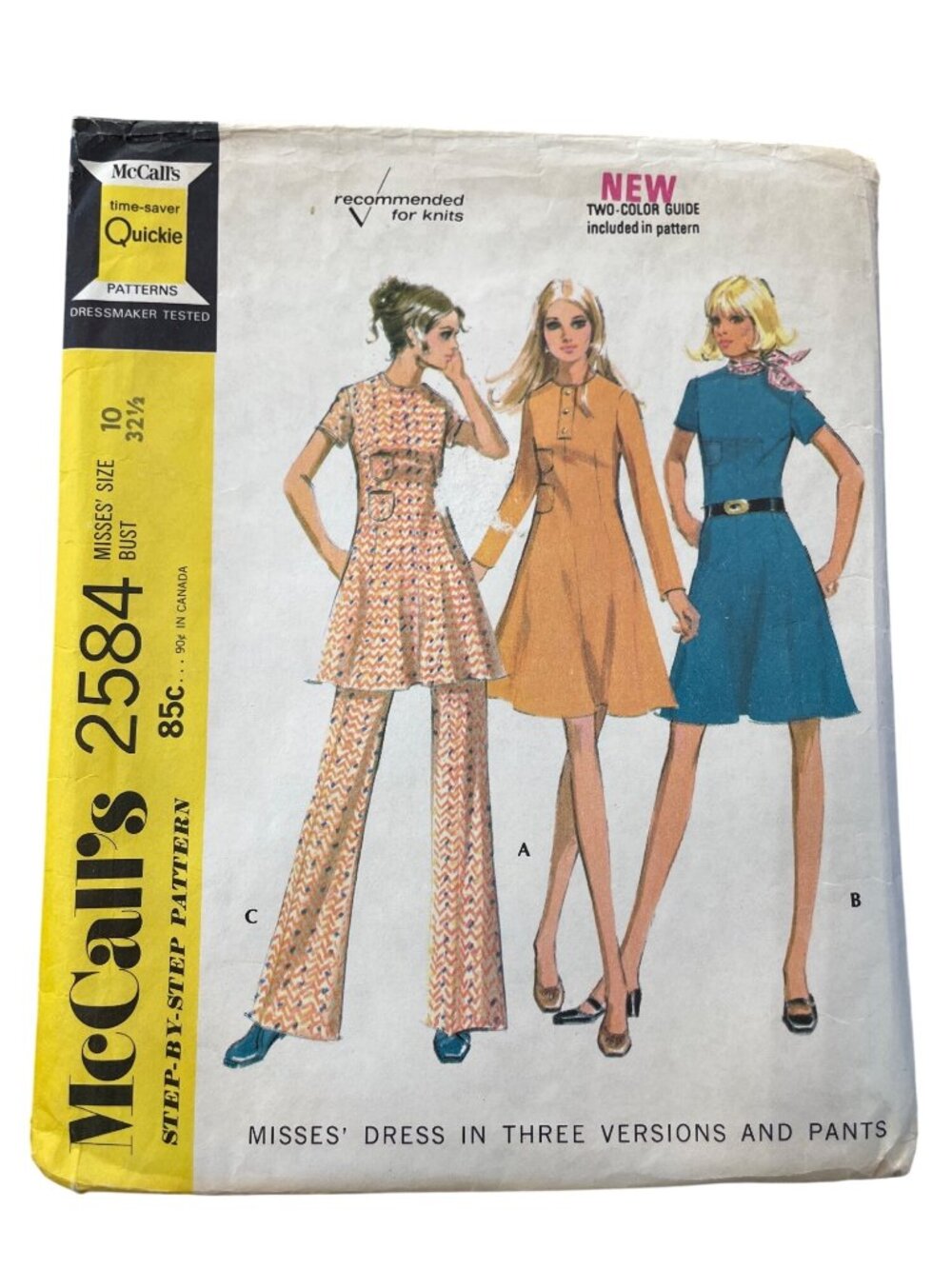 Vintage 70s McCall's 2584 Sewing Pattern Size 10 Dress & Pants Retro Mod CUT